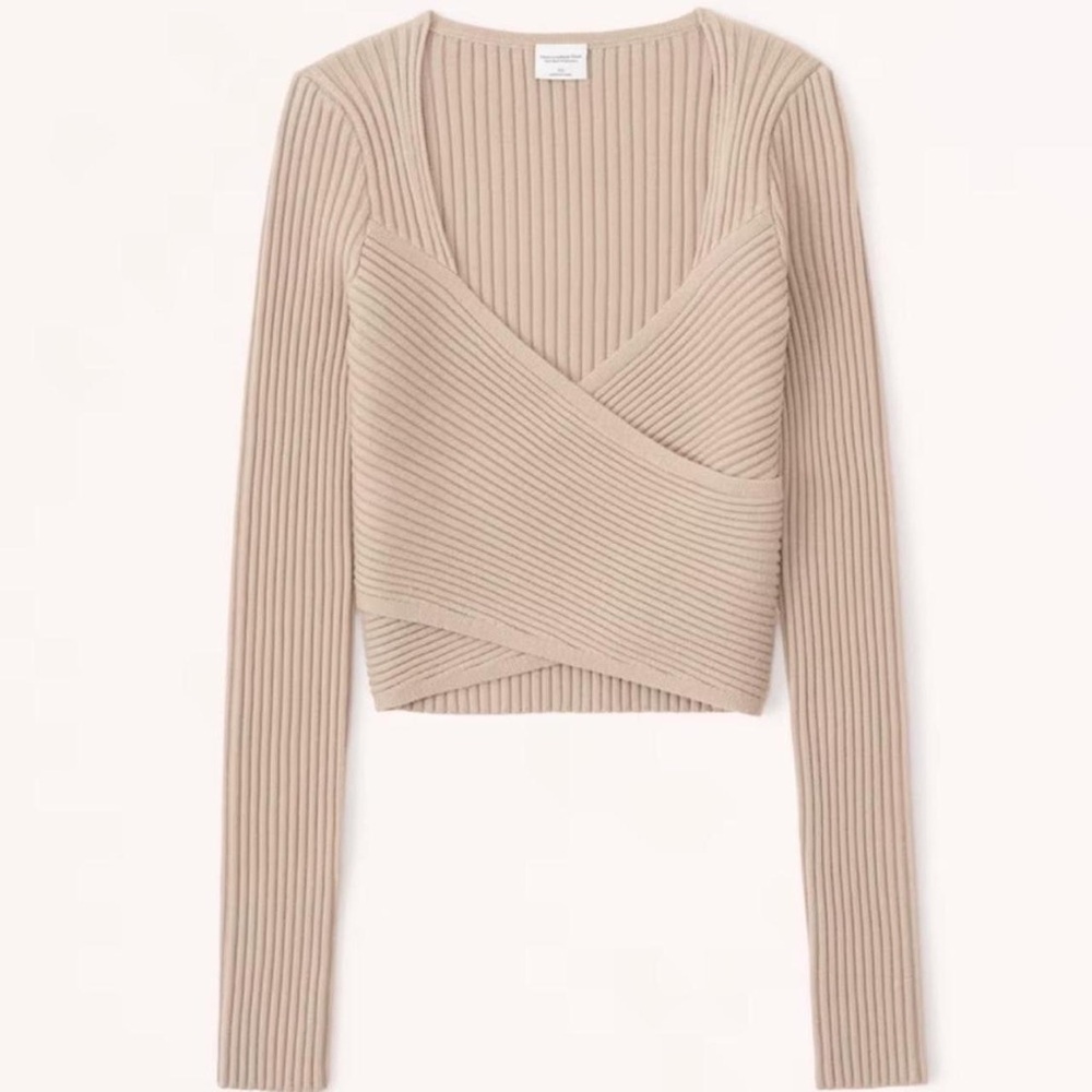 Tan Ribbed Long Sleeve Wrap Top